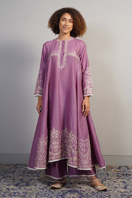 Buy_Samant Chauhan_Purple Silk, Cotton Embroidery Floral Threadwork Kurta Set 