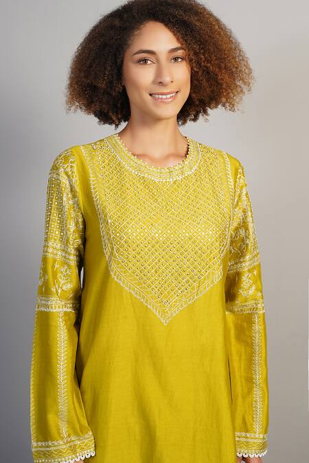 Shop_Samant Chauhan_Mustard Silk, Cotton Embroidery Threadwork Kurta Set _Online_at_Aza_Fashions