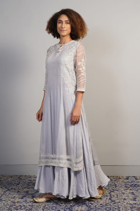Shop_Samant Chauhan_Grey Silk, Cotton Embroidery, Lace Floral Threadwork Kurta And Skirt Set _Online_at_Aza_Fashions