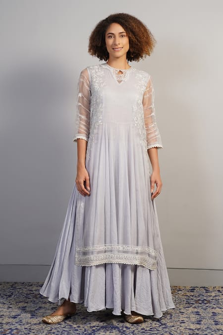 Samant Chauhan_Grey Silk, Cotton Embroidery, Lace Floral Threadwork Kurta And Skirt Set _at_Aza_Fashions