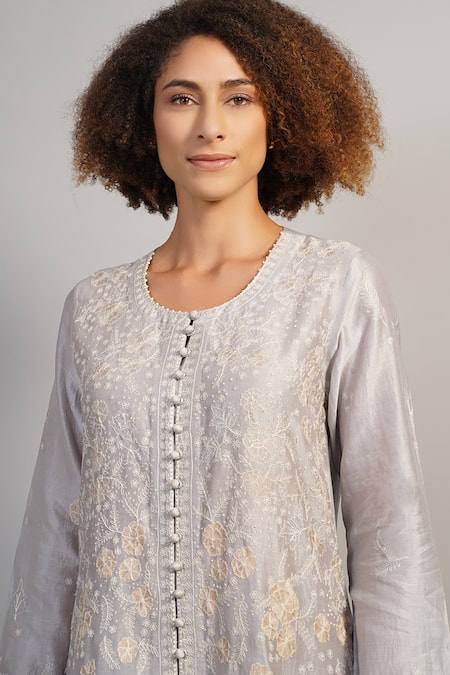 Samant Chauhan_Silver Silk, Cotton Embroidery Fine Floral Threadwork Kurta And Palazzo Set _Online_at_Aza_Fashions