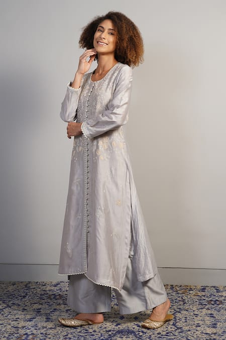 Buy_Samant Chauhan_Silver Silk, Cotton Embroidery Fine Floral Threadwork Kurta And Palazzo Set _Online_at_Aza_Fashions