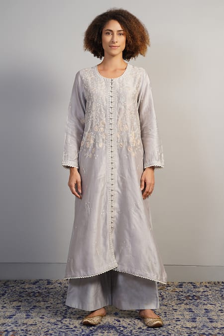 Samant Chauhan Fine Floral Threadwork Kurta & Palazzo Set 