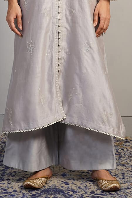 Shop_Samant Chauhan_Silver Silk, Cotton Embroidery Fine Floral Threadwork Kurta And Palazzo Set _Online_at_Aza_Fashions