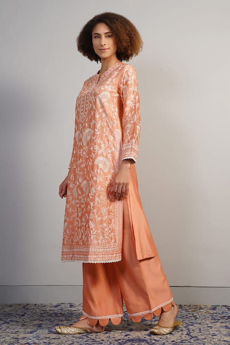 Samant Chauhan_Peach Silk, Cotton Embroidery, Tassels Floral Threadwork Kurta Set _Online_at_Aza_Fashions