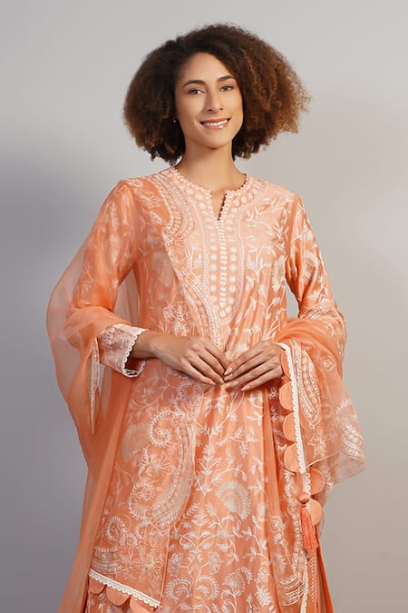 Buy_Samant Chauhan_Peach Silk, Cotton Embroidery, Tassels Floral Threadwork Kurta Set _Online_at_Aza_Fashions