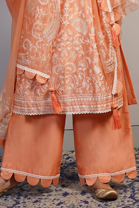 Samant Chauhan_Peach Silk, Cotton Embroidery, Tassels Floral Threadwork Kurta Set _at_Aza_Fashions