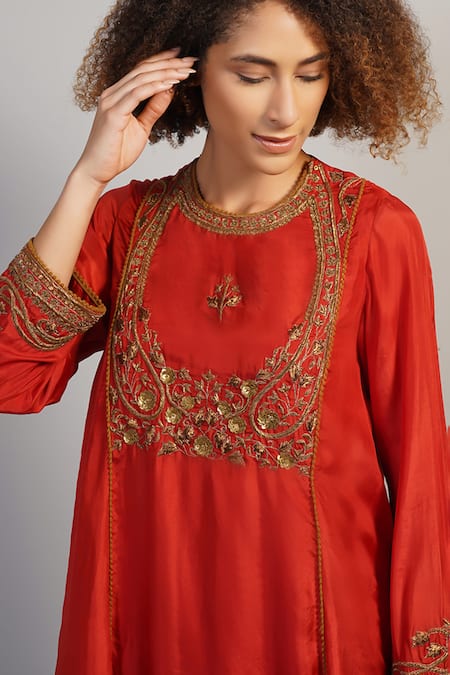Samant Chauhan Red Silk Embroidery, Zari Ornamental Threadwork Kurta Set at Aza Fashions Samant Chauhan_Red Silk Embroidery, Zari Ornamental Threadwork Kurta Set _at_Aza_Fashions