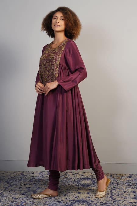 Samant Chauhan_Wine Silk Embroidery Ornamental Threadwork Kurta Set _Online_at_Aza_Fashions