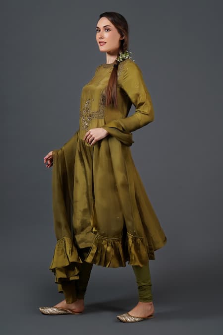 Shop Samant Chauhan Olive Green Silk Zari Threadwork Embroidered Kurta Set Online at Aza Fashions Shop_Samant Chauhan_Olive Green Silk Zari Threadwork Embroidered Kurta Set _Online_at_Aza_Fashions
