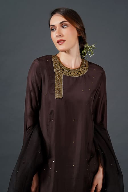 Shop Samant Chauhan Brown Silk Embroidery, Sequins Ornate Threadwork Kurta Set Online at Aza Fashions Shop_Samant Chauhan_Brown Silk Embroidery, Sequins Ornate Threadwork Kurta Set _Online_at_Aza_Fashions