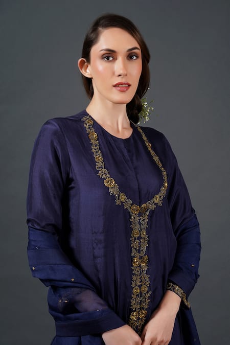 Buy_Samant Chauhan_Blue Silk Zari, Embroidery Threadwork Kurta Set _Online_at_Aza_Fashions