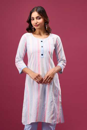 Khwaab By Sanjana Lakhani_Multi Color Cotton Striped Kurta And Pant Set _at_Aza_Fashions