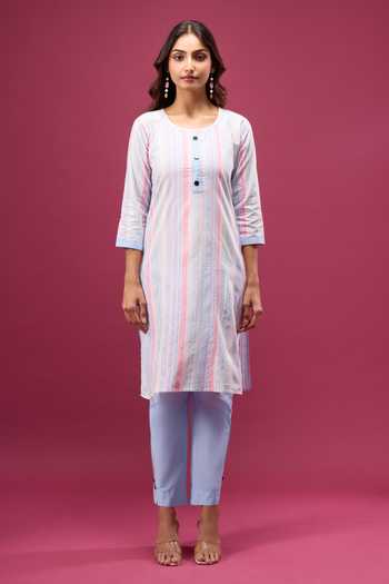Shop_Khwaab By Sanjana Lakhani_Multi Color Cotton Striped Kurta And Pant Set 