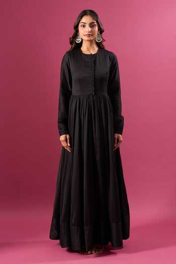 Buy_Khwaab By Sanjana Lakhani_Black Cotton Zari Round Neck Embroidered Anarkali With Dupatta _Online_at_Aza_Fashions