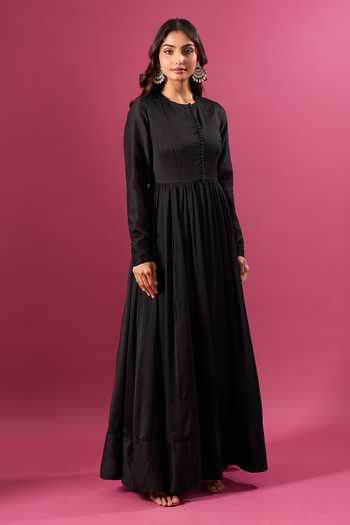 Khwaab By Sanjana Lakhani_Black Cotton Zari Round Neck Embroidered Anarkali With Dupatta _at_Aza_Fashions