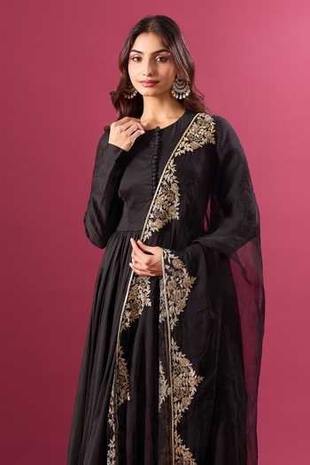 Buy_Khwaab By Sanjana Lakhani_Black Cotton Zari Round Neck Embroidered Anarkali With Dupatta 
