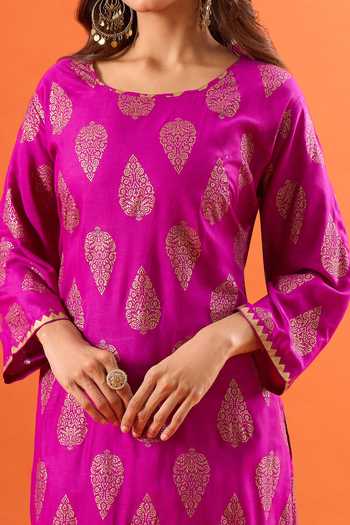 Buy_Khwaab By Sanjana Lakhani_Purple Silk Zari Round Neck Straight Blend Kurta And Pant Set _Online_at_Aza_Fashions