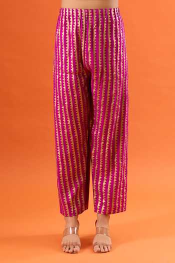 Shop_Khwaab By Sanjana Lakhani_Purple Silk Zari Round Neck Straight Blend Kurta And Pant Set _Online_at_Aza_Fashions