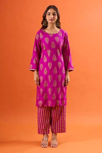 Khwaab By Sanjana Lakhani_Purple Silk Zari Round Neck Straight Blend Kurta And Pant Set _at_Aza_Fashions