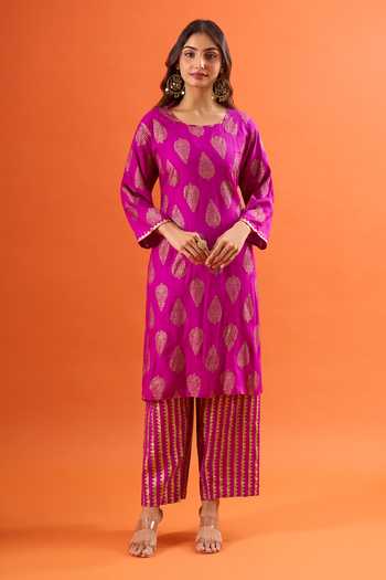 Buy_Khwaab By Sanjana Lakhani_Purple Silk Zari Round Neck Straight Blend Kurta And Pant Set 