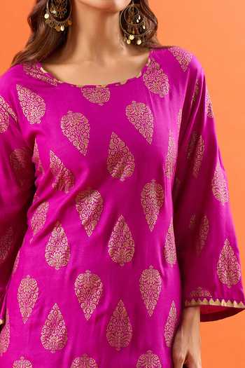 Shop_Khwaab By Sanjana Lakhani_Purple Silk Zari Round Neck Straight Blend Kurta And Pant Set 