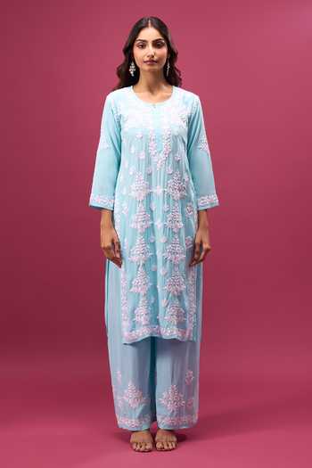 Buy_Khwaab By Sanjana Lakhani_Sky Blue Cotton Embroidery Round Neck Butti Work Kurta And Pant Set _Online_at_Aza_Fashions