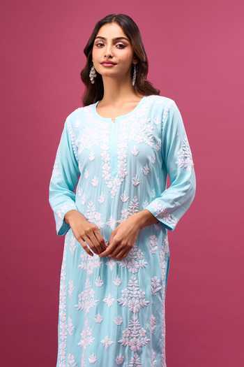 Shop_Khwaab By Sanjana Lakhani_Sky Blue Cotton Embroidery Round Neck Butti Work Kurta And Pant Set _Online_at_Aza_Fashions