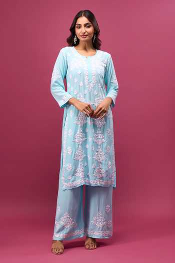 Khwaab By Sanjana Lakhani_Sky Blue Cotton Embroidery Round Neck Butti Work Kurta And Pant Set _at_Aza_Fashions