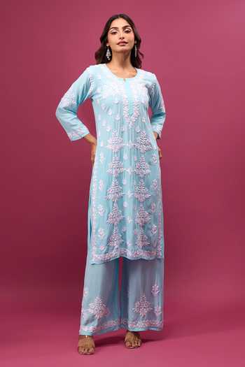 Buy_Khwaab By Sanjana Lakhani_Sky Blue Cotton Embroidery Round Neck Butti Work Kurta And Pant Set 