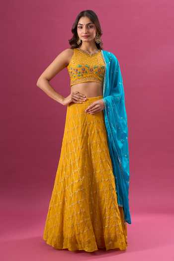 Khwaab By Sanjana Lakhani_Yellow Net Embroidery Round Neck Blouse Lehenga Set _at_Aza_Fashions