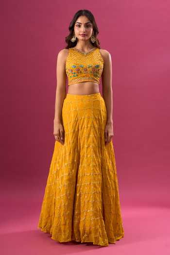 Buy_Khwaab By Sanjana Lakhani_Yellow Net Embroidery Round Neck Blouse Lehenga Set 