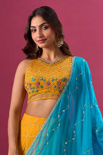 Shop_Khwaab By Sanjana Lakhani_Yellow Net Embroidery Round Neck Blouse Lehenga Set 