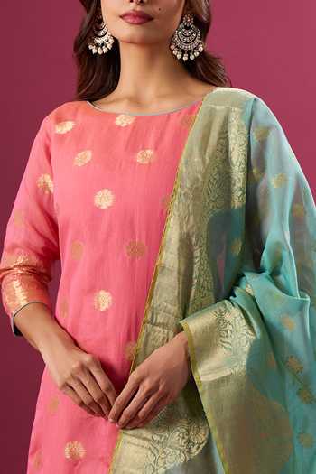 Shop_Khwaab By Sanjana Lakhani_Pink Silk Zari Round Neck Butti Pattern Art Kurta Set _Online_at_Aza_Fashions