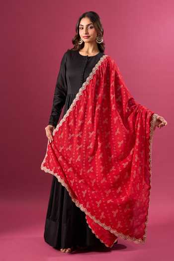 Khwaab By Sanjana Lakhani_Red Georgette Zari Embroidered Dupatta _at_Aza_Fashions