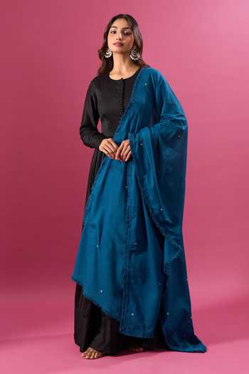 Khwaab By Sanjana Lakhani_Blue Cotton Mirrors Embroidered Dupatta _at_Aza_Fashions