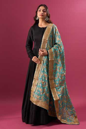 Buy_Khwaab By Sanjana Lakhani_Green Silk Zari Blend Flower Pattern Dupatta 