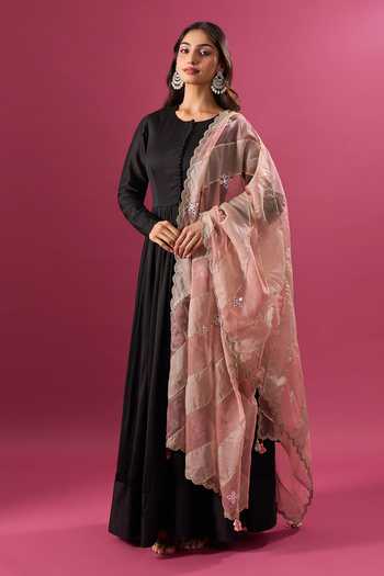Buy_Khwaab By Sanjana Lakhani_Pink Silk Organza Tassels, Gota Patti Stripe Pattern Dupatta _Online_at_Aza_Fashions