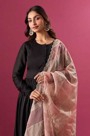 Shop_Khwaab By Sanjana Lakhani_Pink Silk Organza Tassels, Gota Patti Stripe Pattern Dupatta _Online_at_Aza_Fashions