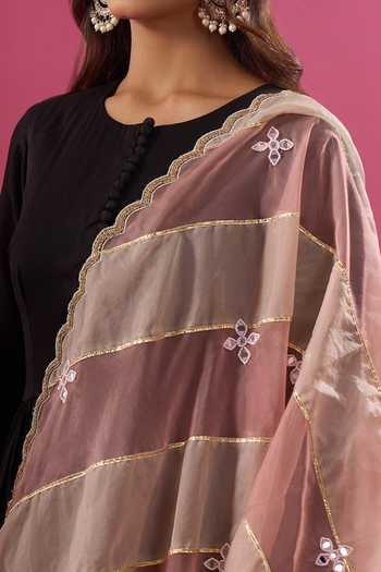 Khwaab By Sanjana Lakhani_Pink Silk Organza Tassels, Gota Patti Stripe Pattern Dupatta _at_Aza_Fashions