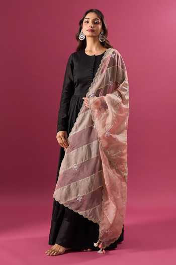 Buy_Khwaab By Sanjana Lakhani_Pink Silk Organza Tassels, Gota Patti Stripe Pattern Dupatta 