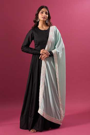 Buy_Khwaab By Sanjana Lakhani_Sky Blue Silk Embroidery Border Dupatta _Online_at_Aza_Fashions