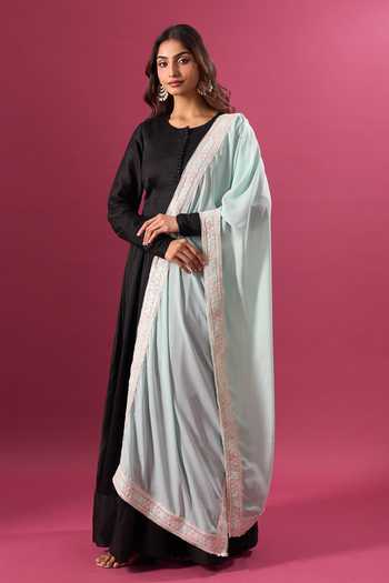 Shop_Khwaab By Sanjana Lakhani_Sky Blue Silk Embroidery Border Dupatta _Online_at_Aza_Fashions