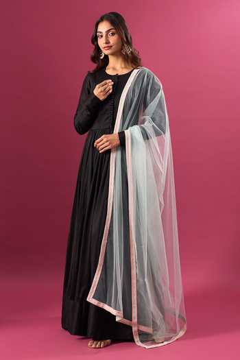 Shop_Khwaab By Sanjana Lakhani_Sky Blue Net Contrast Border Dupatta _Online_at_Aza_Fashions
