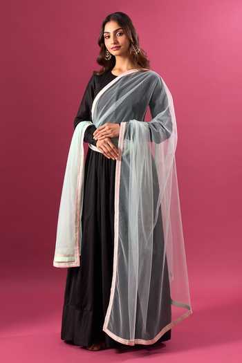 Shop_Khwaab By Sanjana Lakhani_Sky Blue Net Contrast Border Dupatta 