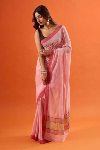 Buy_Khwaab By Sanjana Lakhani_Pink Cotton Contrast Border Saree _Online_at_Aza_Fashions