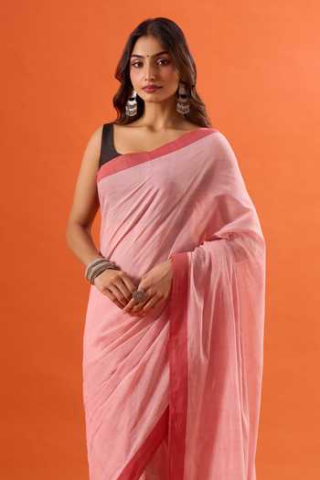 Shop_Khwaab By Sanjana Lakhani_Pink Cotton Contrast Border Saree _Online_at_Aza_Fashions
