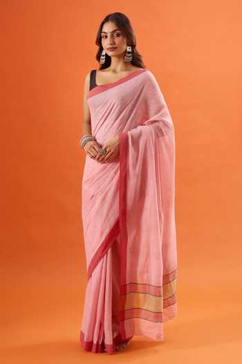 Shop_Khwaab By Sanjana Lakhani_Pink Cotton Contrast Border Saree 