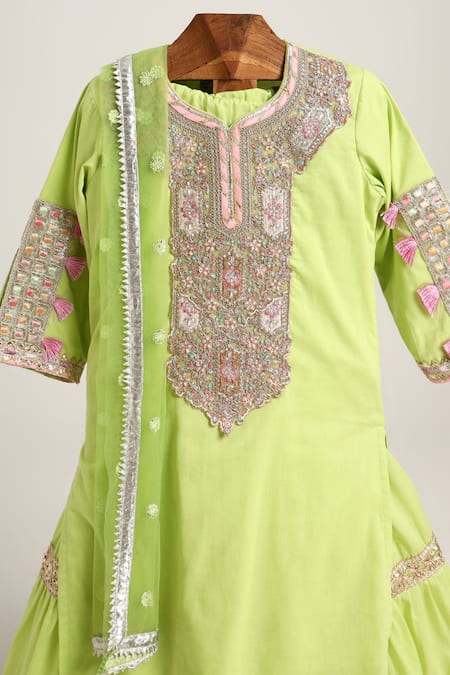 Buy_Minime Organics_Green Net, Muslin (mulmul) Gota Patti, Lace Embroidered Placket Kurta Set _Online_at_Aza_Fashions