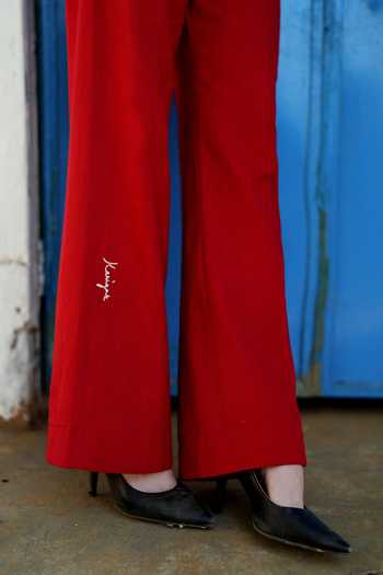 Raasa_Red Handloom Cotton V-neck Scarlet Letter Waistcoat And Trouser Set _Online_at_Aza_Fashions